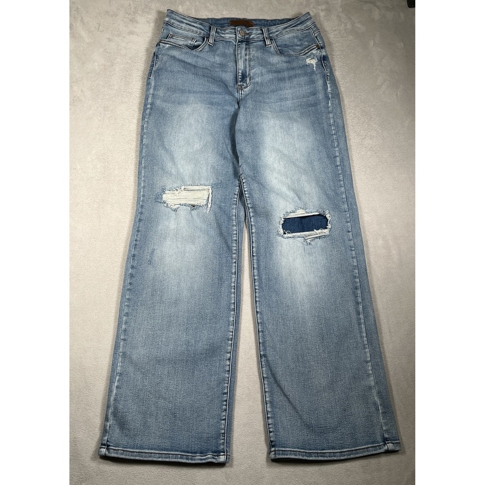 Judy Blue Straight Distressed Jeans Women 11/30 Wide Leg High Rise Light Wash